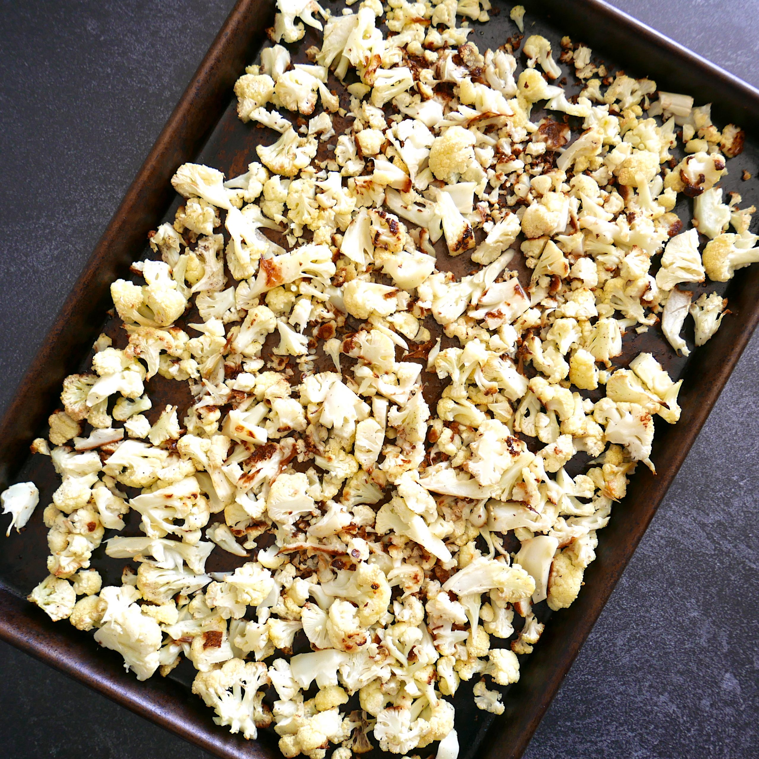 baking sheet with roasted cauliflower.