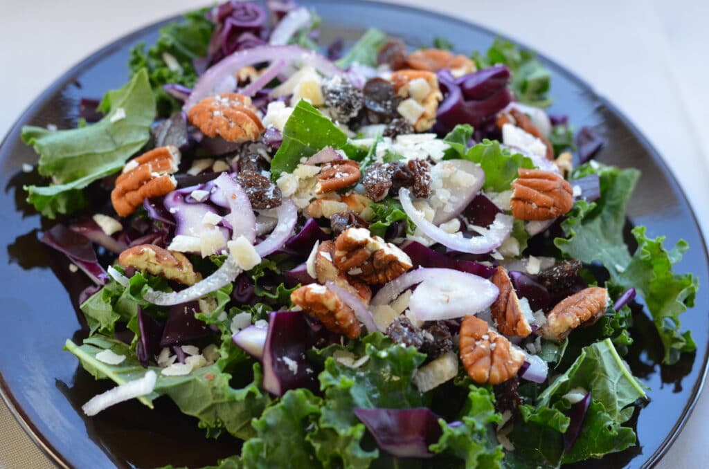 kale red cabbage salad with roasted shallot dressing