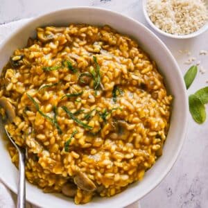 Bowl of dairy free mushroom risotto.