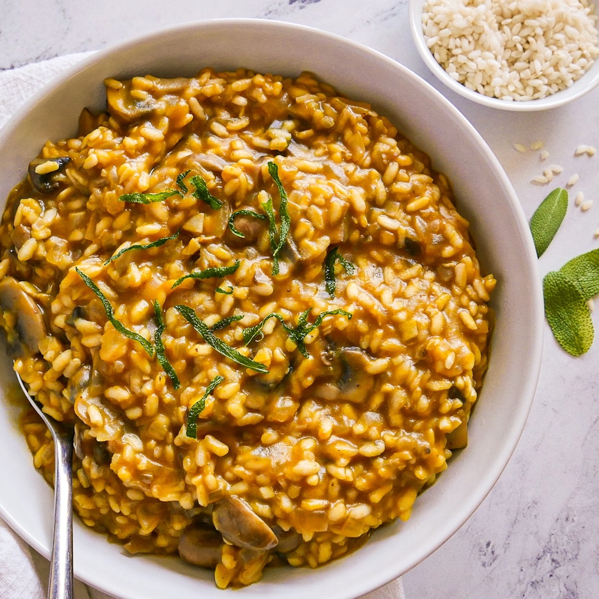Bowl of dairy free mushroom risotto.