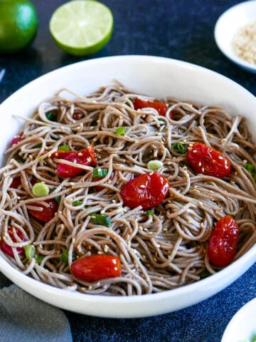 miso roasted soba noodles in a white bowl.