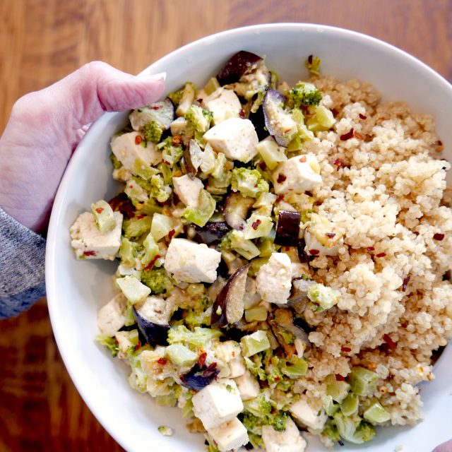 Tahini Quinoa Bowl with Roasted Eggplant, Broccoli, and Tofu