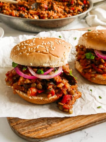 Vegetarian sloppy joes arranged on a cutting board.