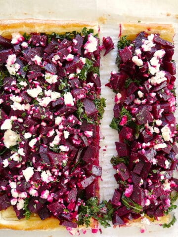 roasted beet tart cut into pieces