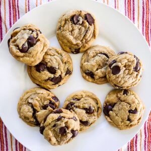 brown butter chocolate chip cookies arranged on a white platter