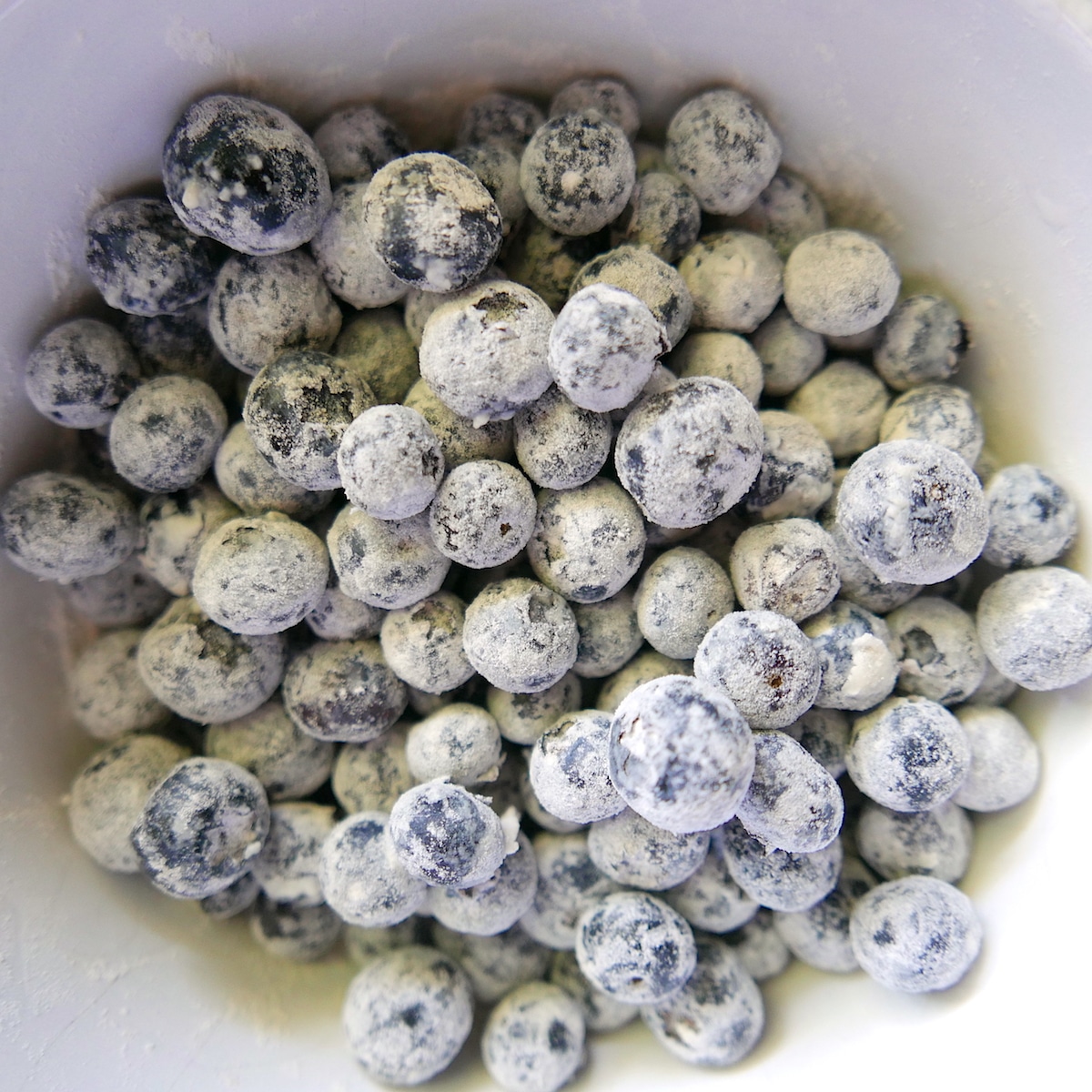 Bowl of fresh blueberries tossed in flour.