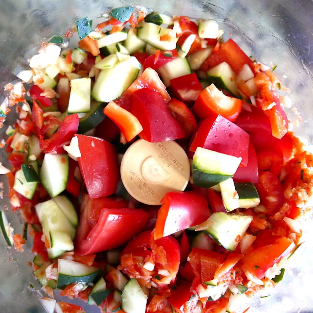 gazpacho ingredients in a food processor