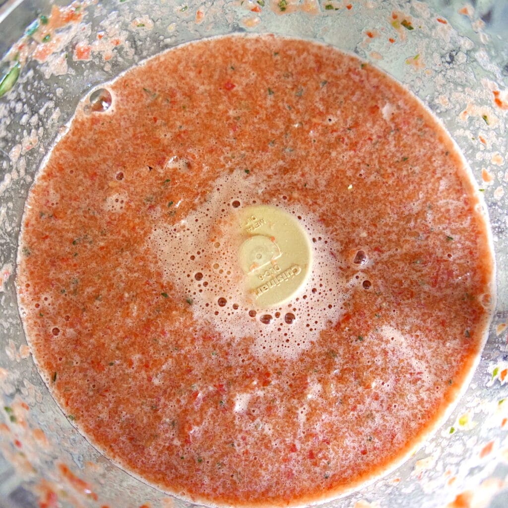 gazpacho ingredients in food processor after being pureed