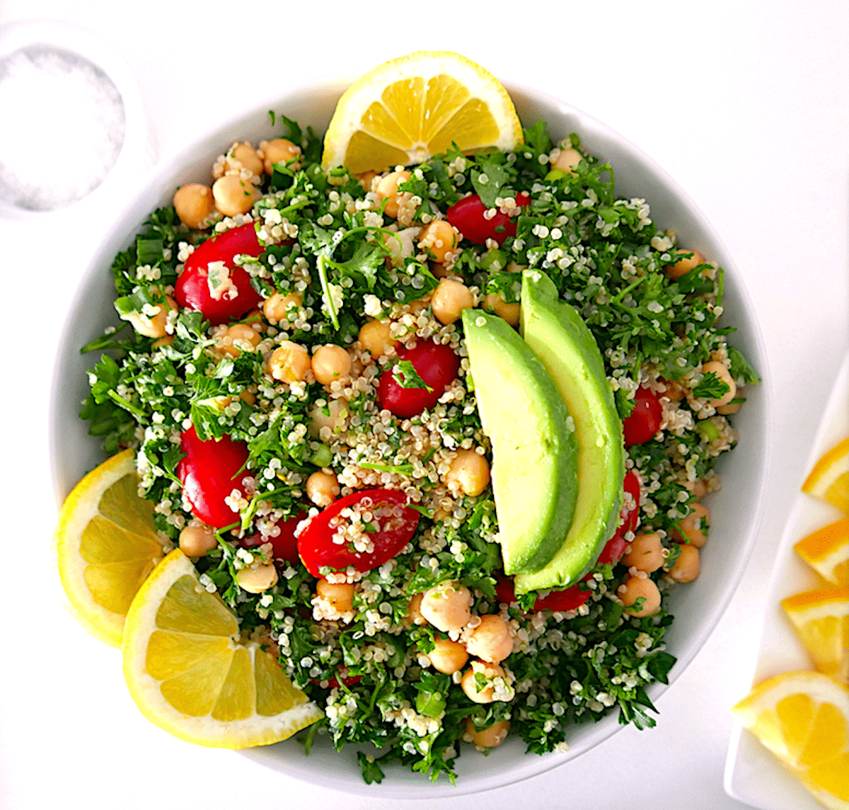 gluten free tabbouleh salad with chickpeas and avocado.