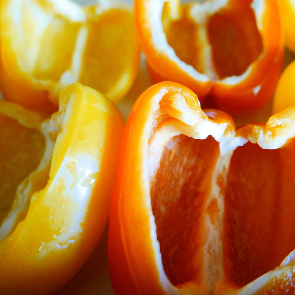 hollowed out orange and yellow bell peppers in a casserole dish