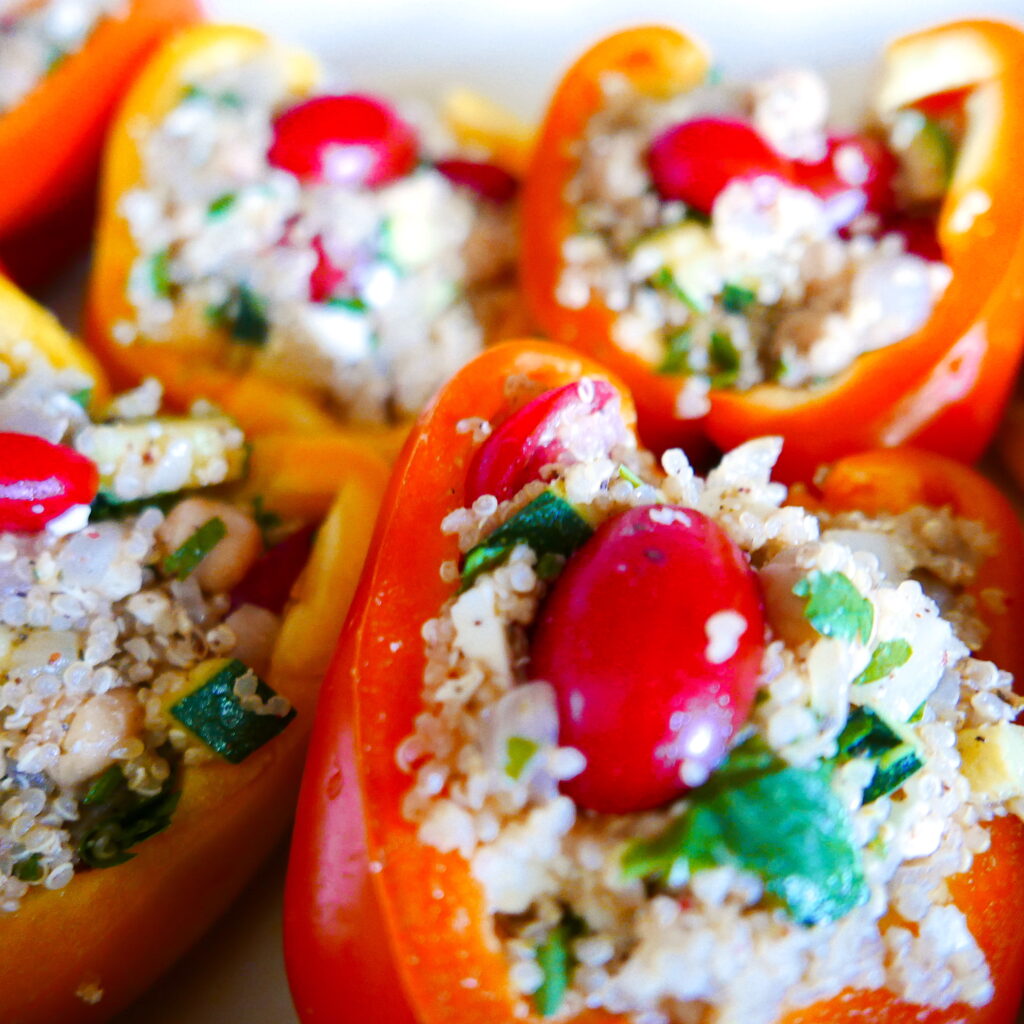 mediterranean stuffed peppers arranged in a casserole dish