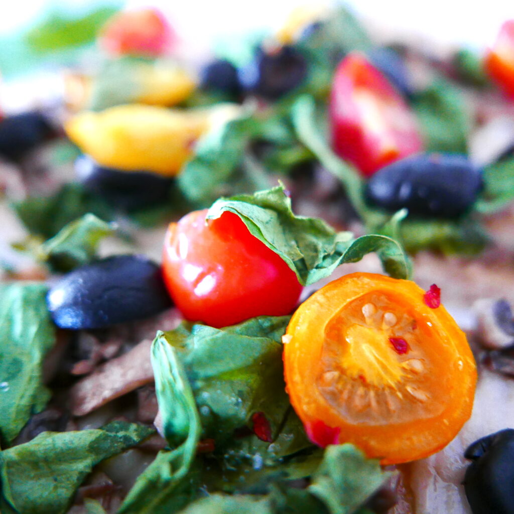 close up of cherry tomatoes, black olives, and spinach on a vegan flatbread pizza