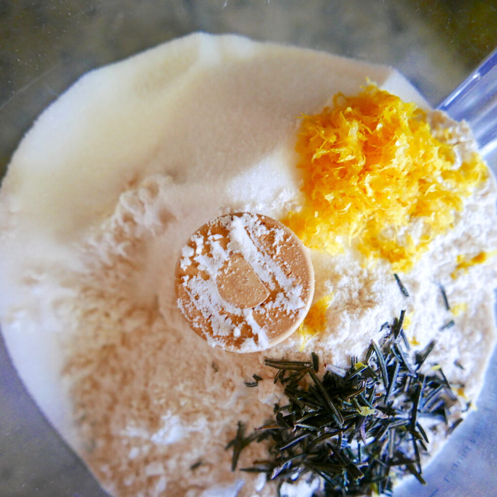 flour, sugar, lemon, rosemary, and salt in a food processor