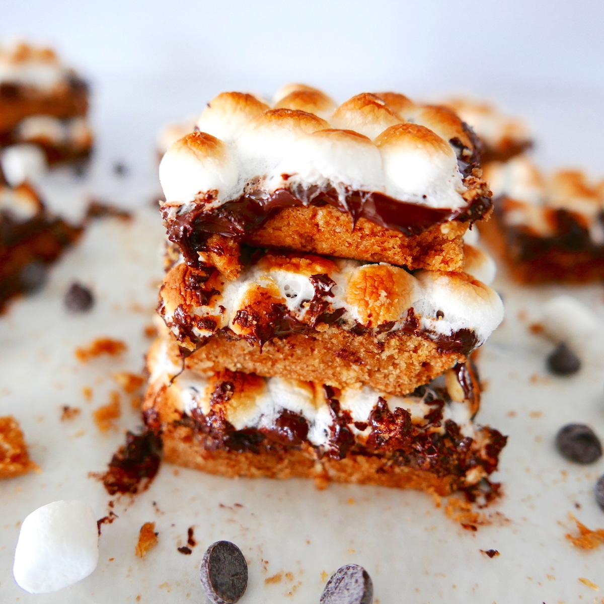 healthy smores bars stacked three high.