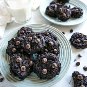 black bean cookies arranged on a gray plate.
