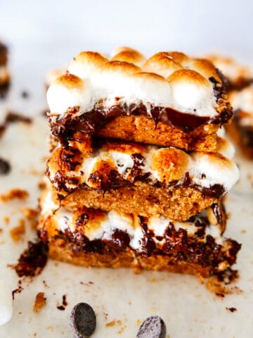 three vegan smores bars stacked on top of each other.