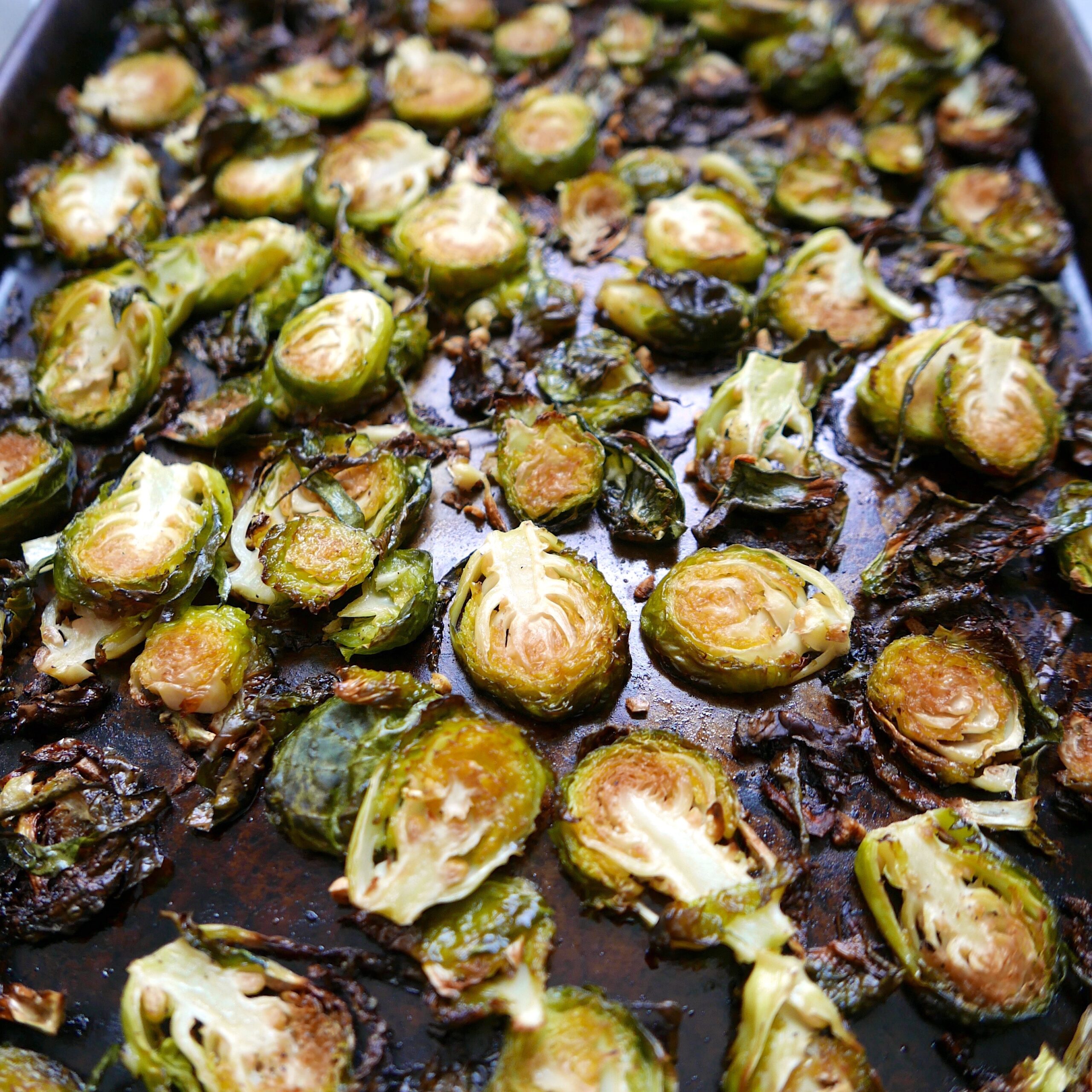 brussel sprouts on a baking sheet