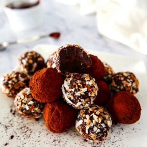 vegan truffles arranged in a pyramid.