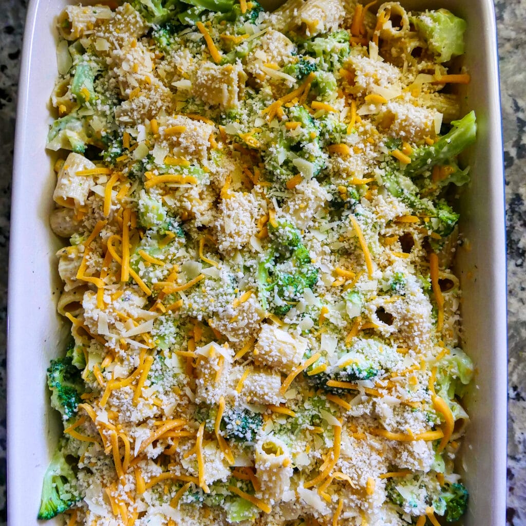 broccoli and pasta covered in cheese and breadcrumbs