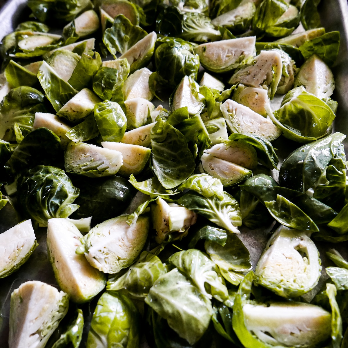 brussel sprouts on a baking sheet
