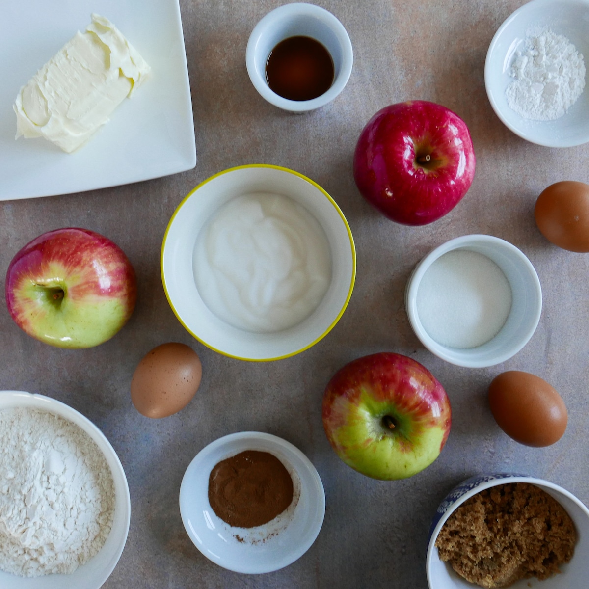 cake ingredients arranged on a table.