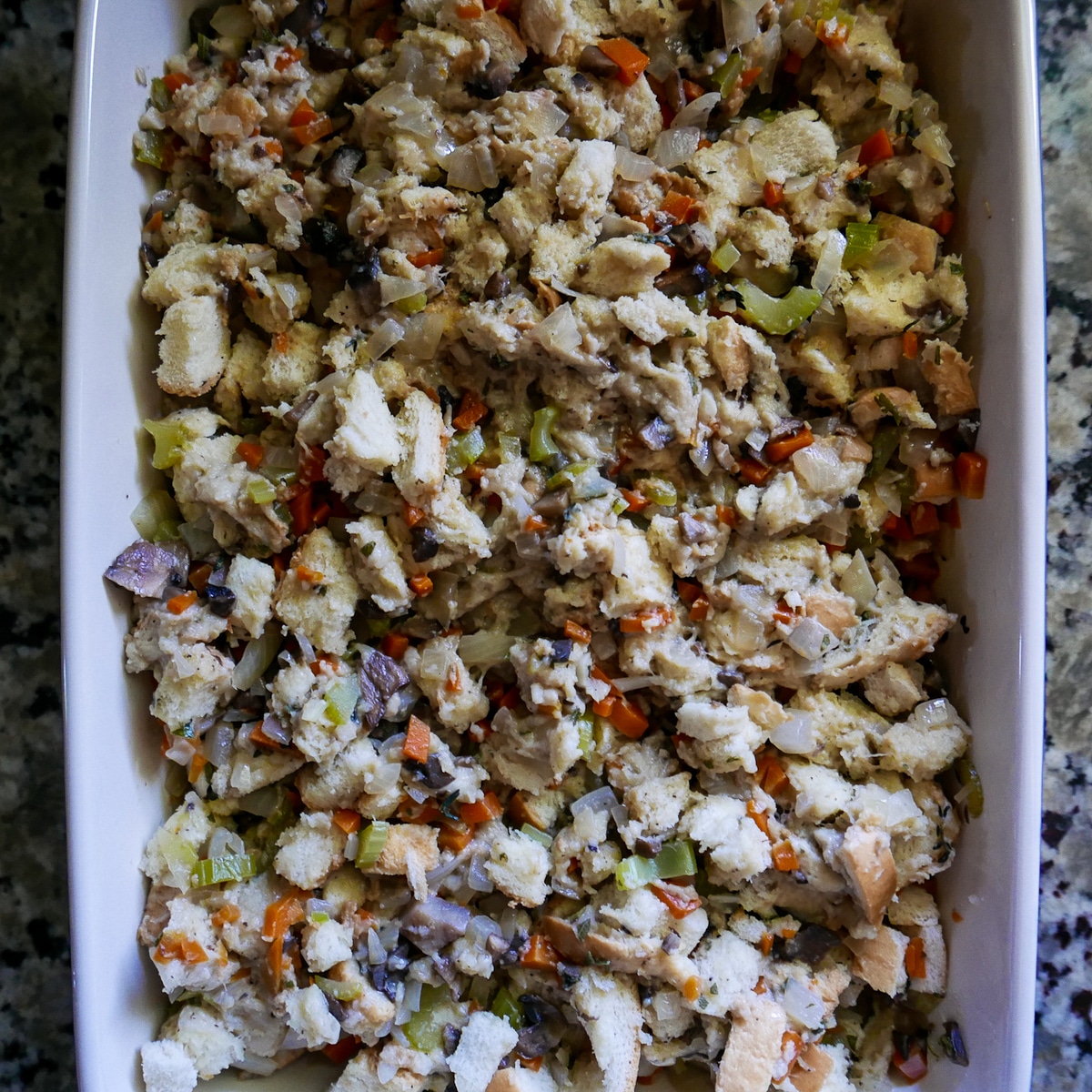Stuffing placed into baking dish and ready for the oven.