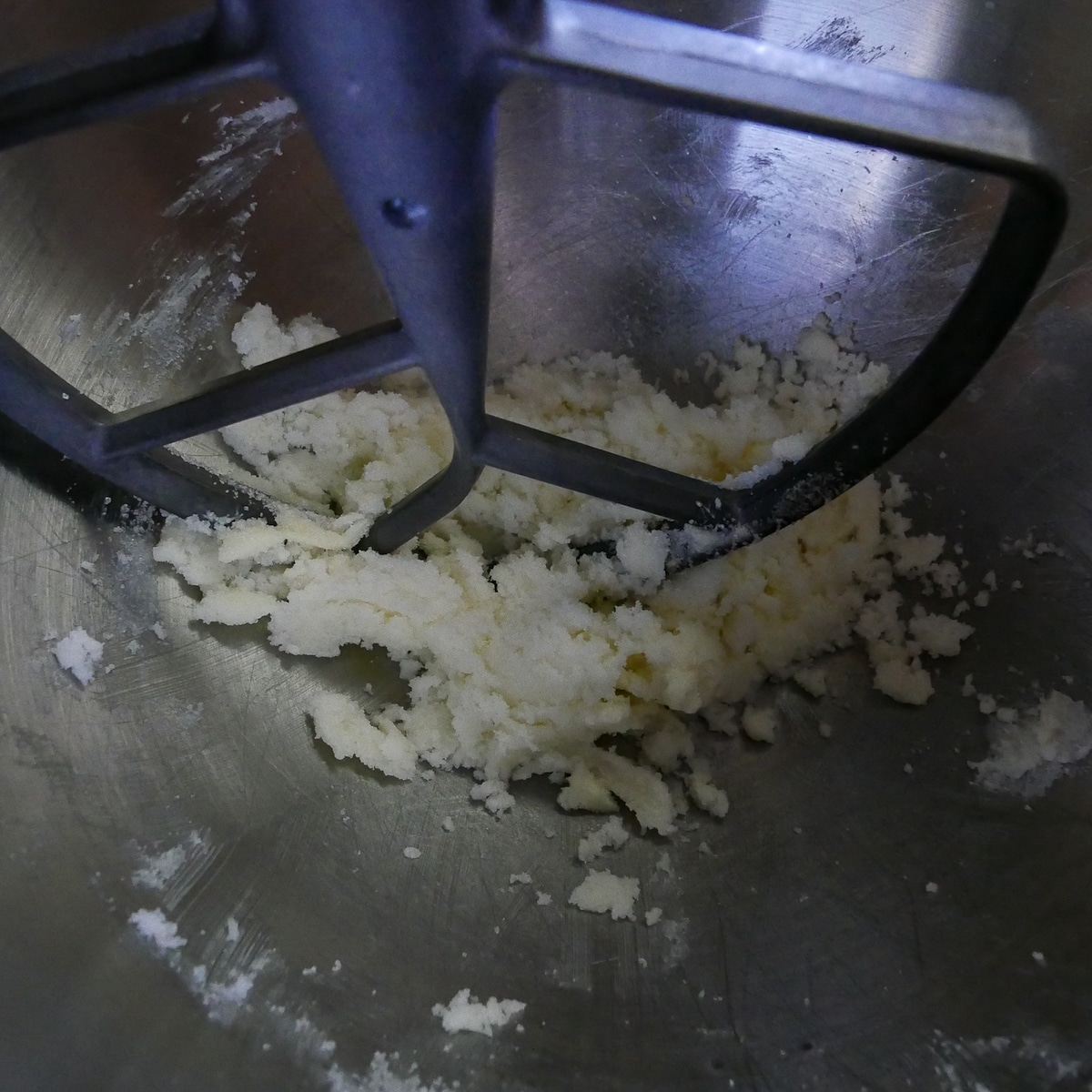 stand mixer creaming butter and sugar in a stand mixer.