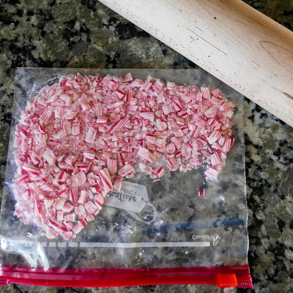 crushed candy canes with rolling pin.