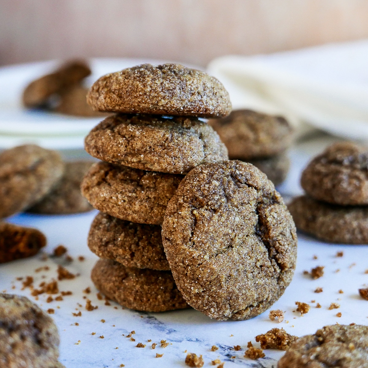 stack of old fashioned ginger snap cookies with one leaning against stack.