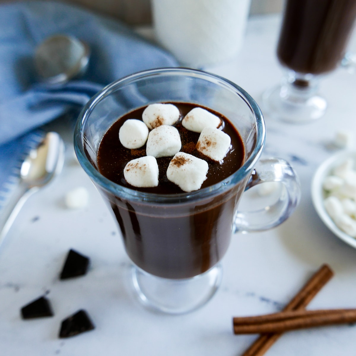 oat milk hot chocolate topped with mini marshmallows.