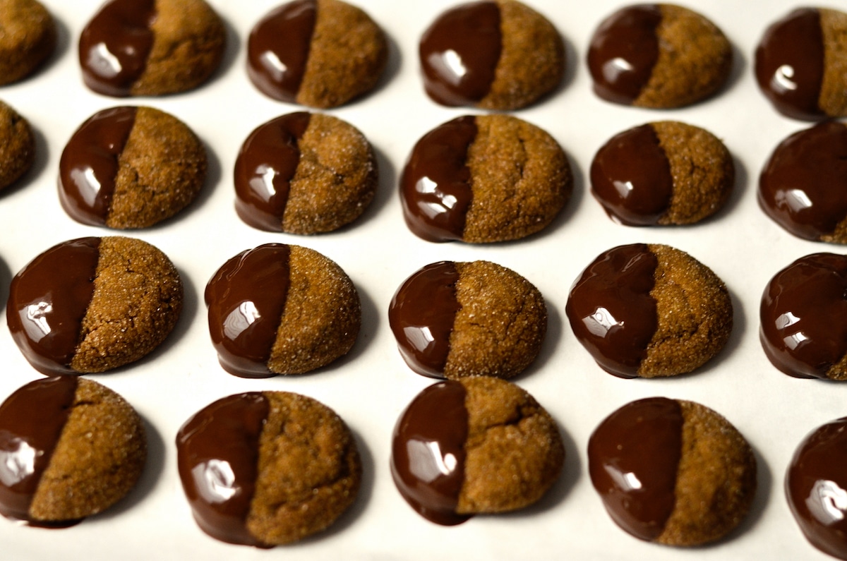 old fashioned ginger snap cookies dipped in chocolate.