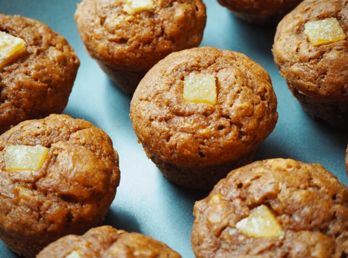 banana gingerbread muffins arranged on a plate.
