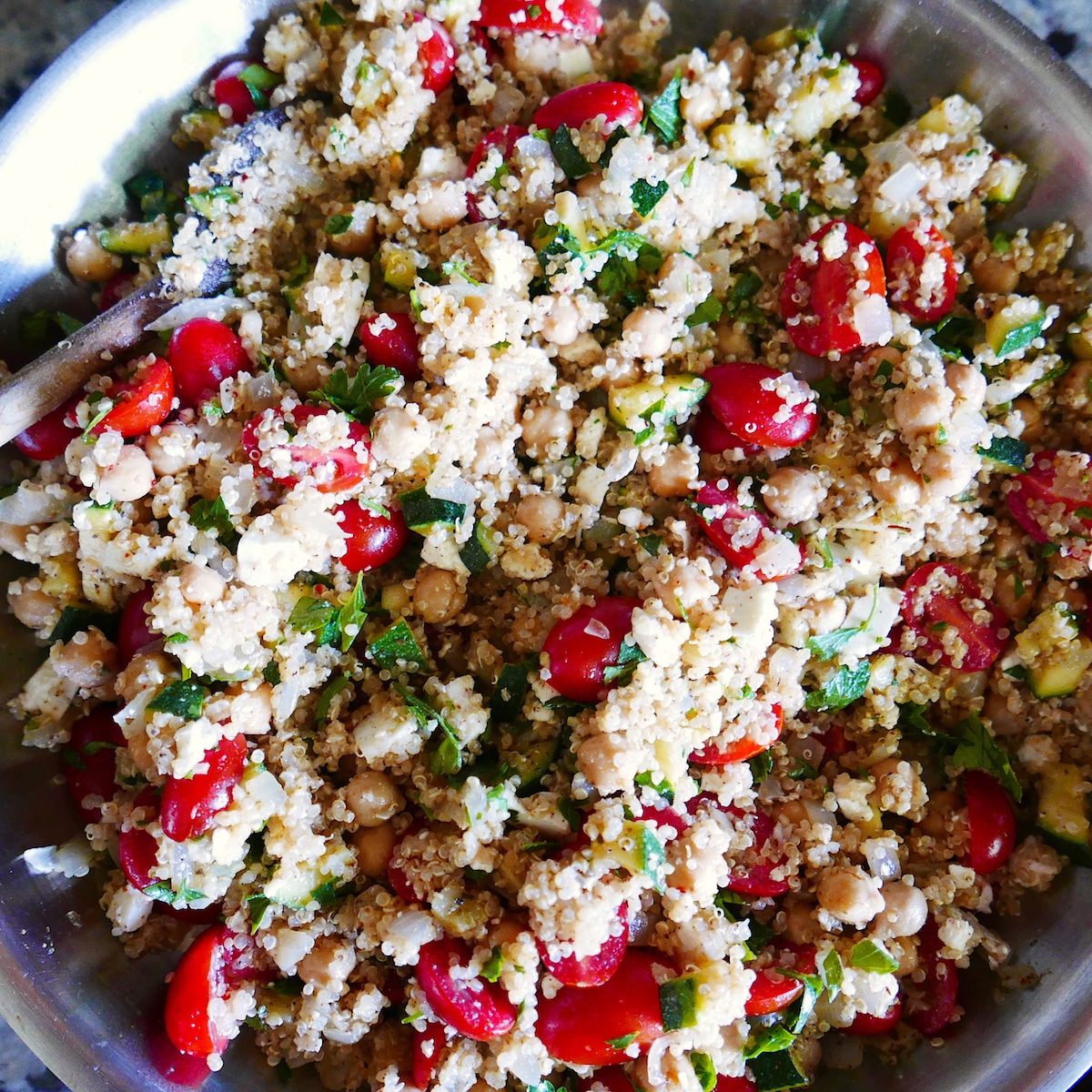 vegetable quinoa filling in a large skillet