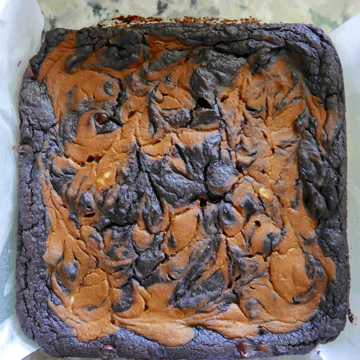 Baked pumpkin brownies in baking dish.