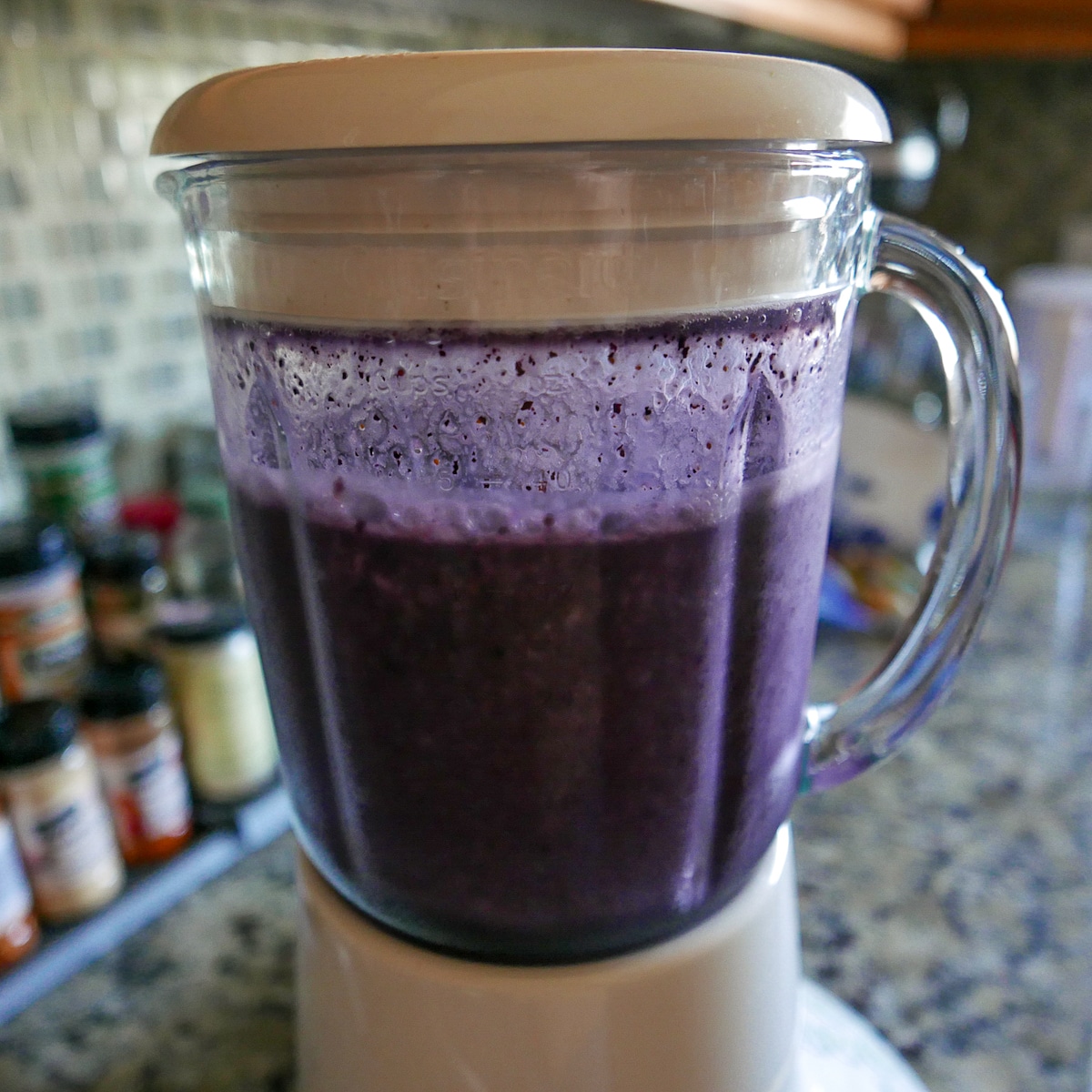 blended smoothie in blender.