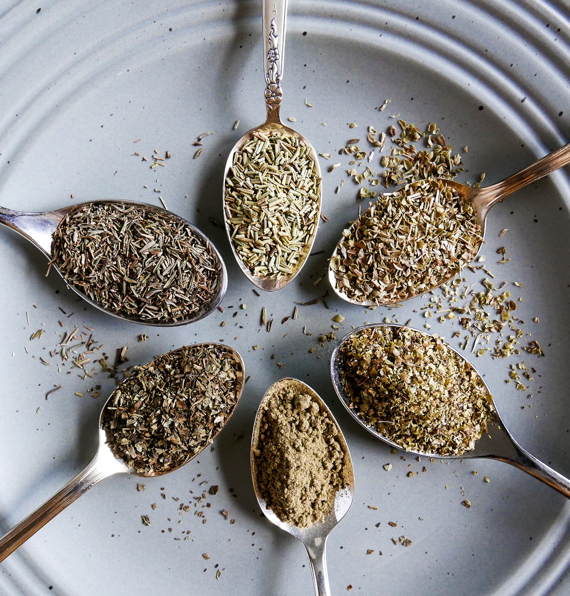 oregano, basil, rosemary, thyme, marjoram, and sage on six spoons resting on a plate.