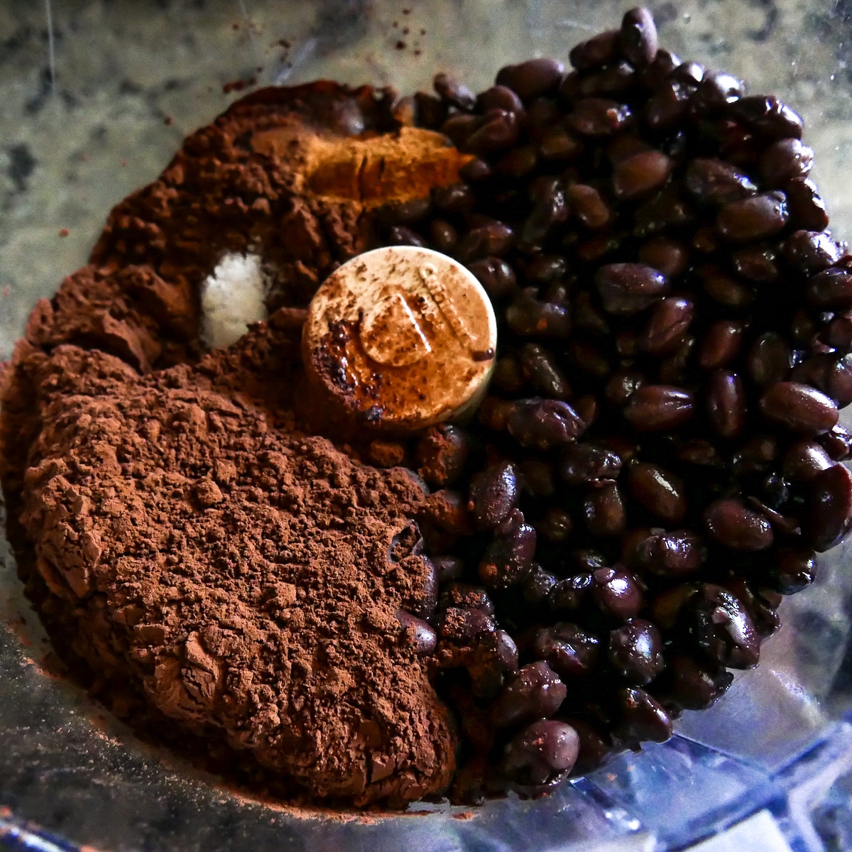 black beans, cocoa powder, cinnamon, eggs, and salt in a food processor.