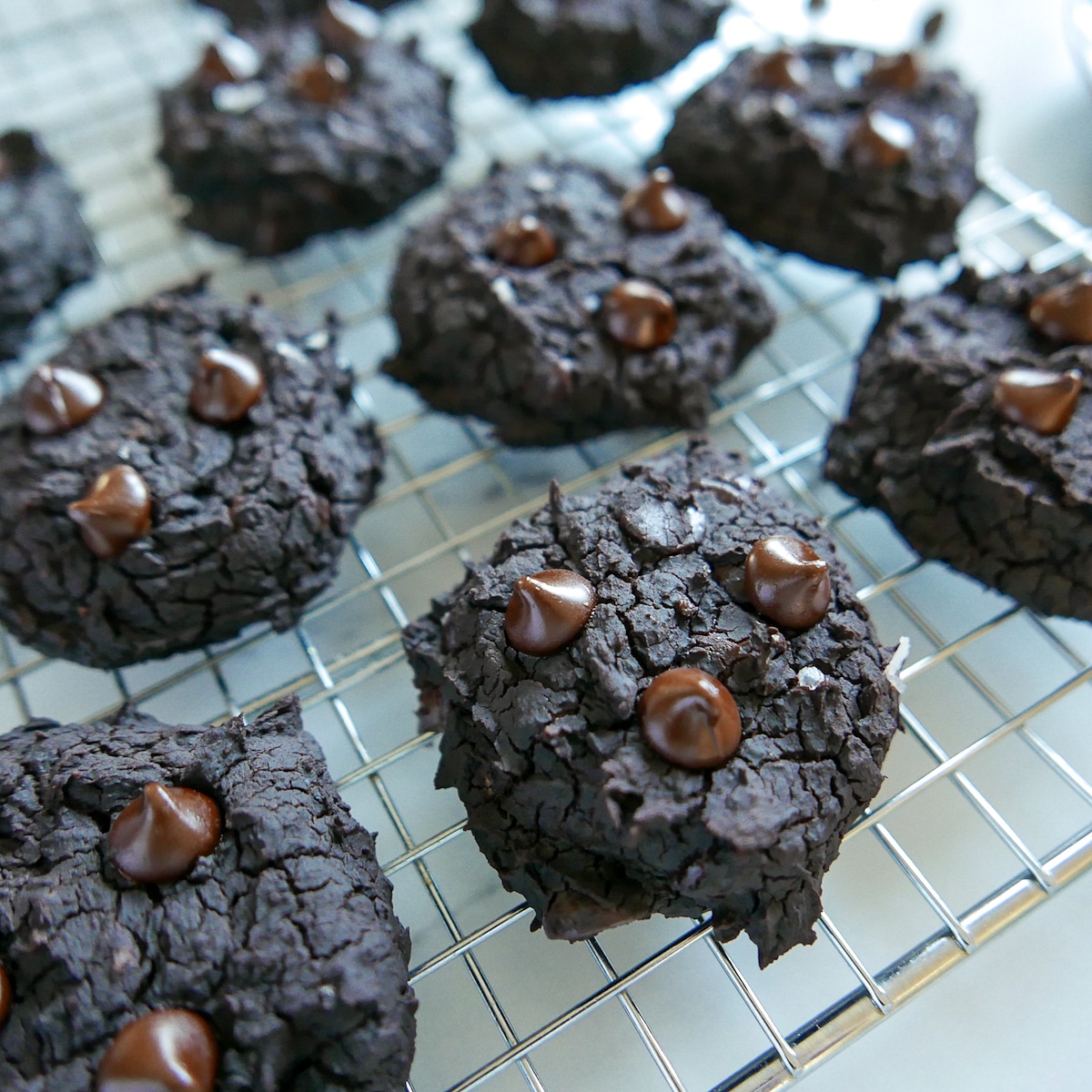 black bean cookies arranged on a cooling rack.