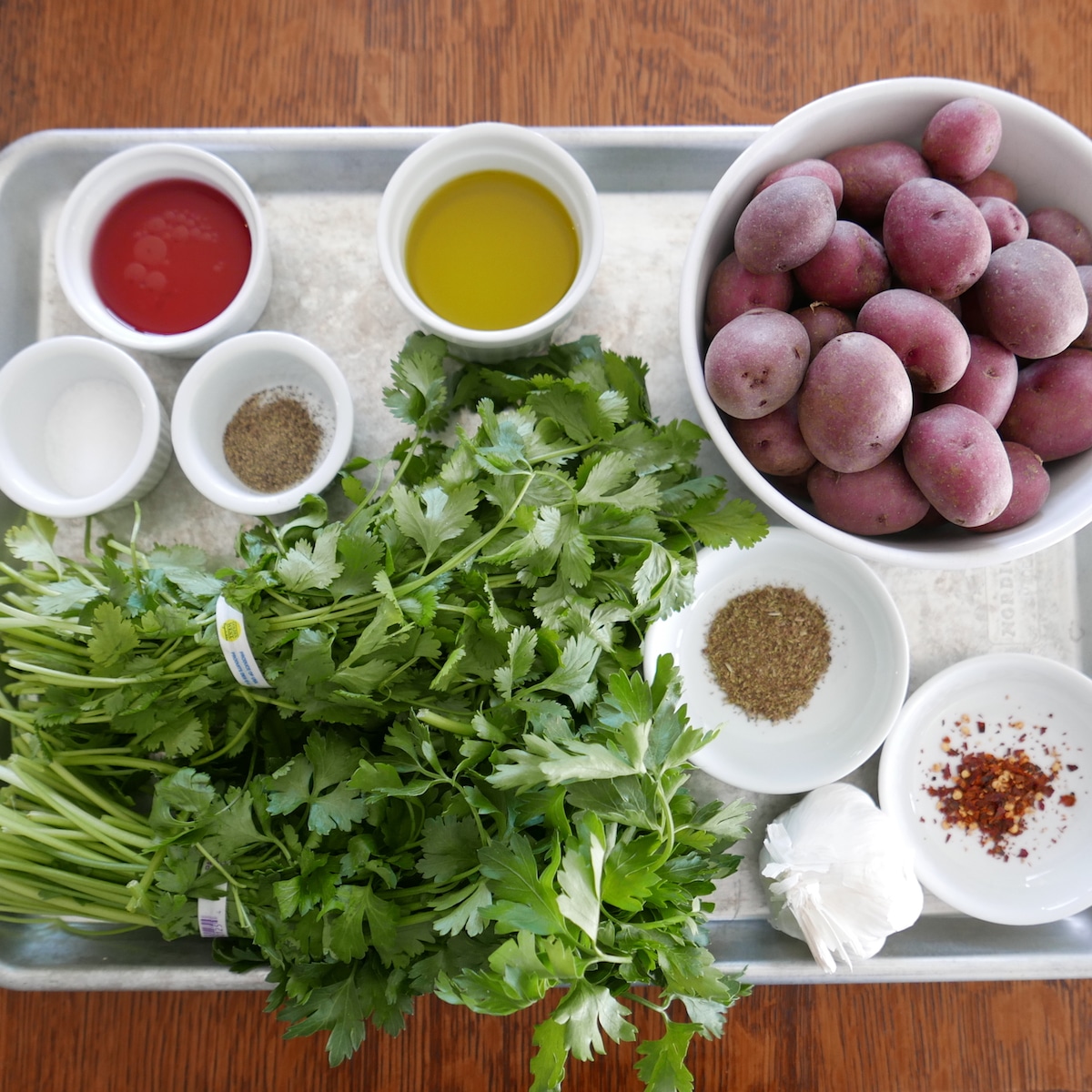 ingredients on a baking sheet.