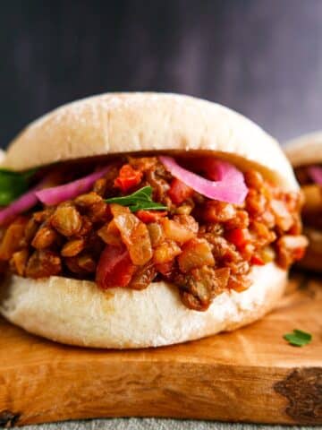 Hearty lentil sloppy joes arranged on a platter.