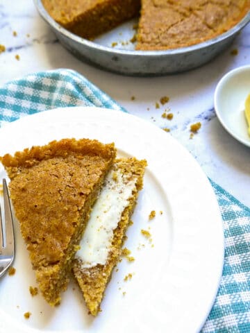 slice of sourdough cornbread on a plate.