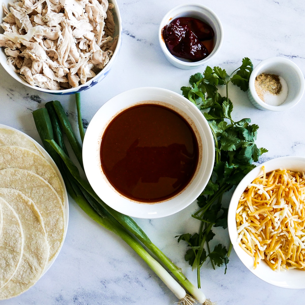 enchilada ingredients arranged on a table. 