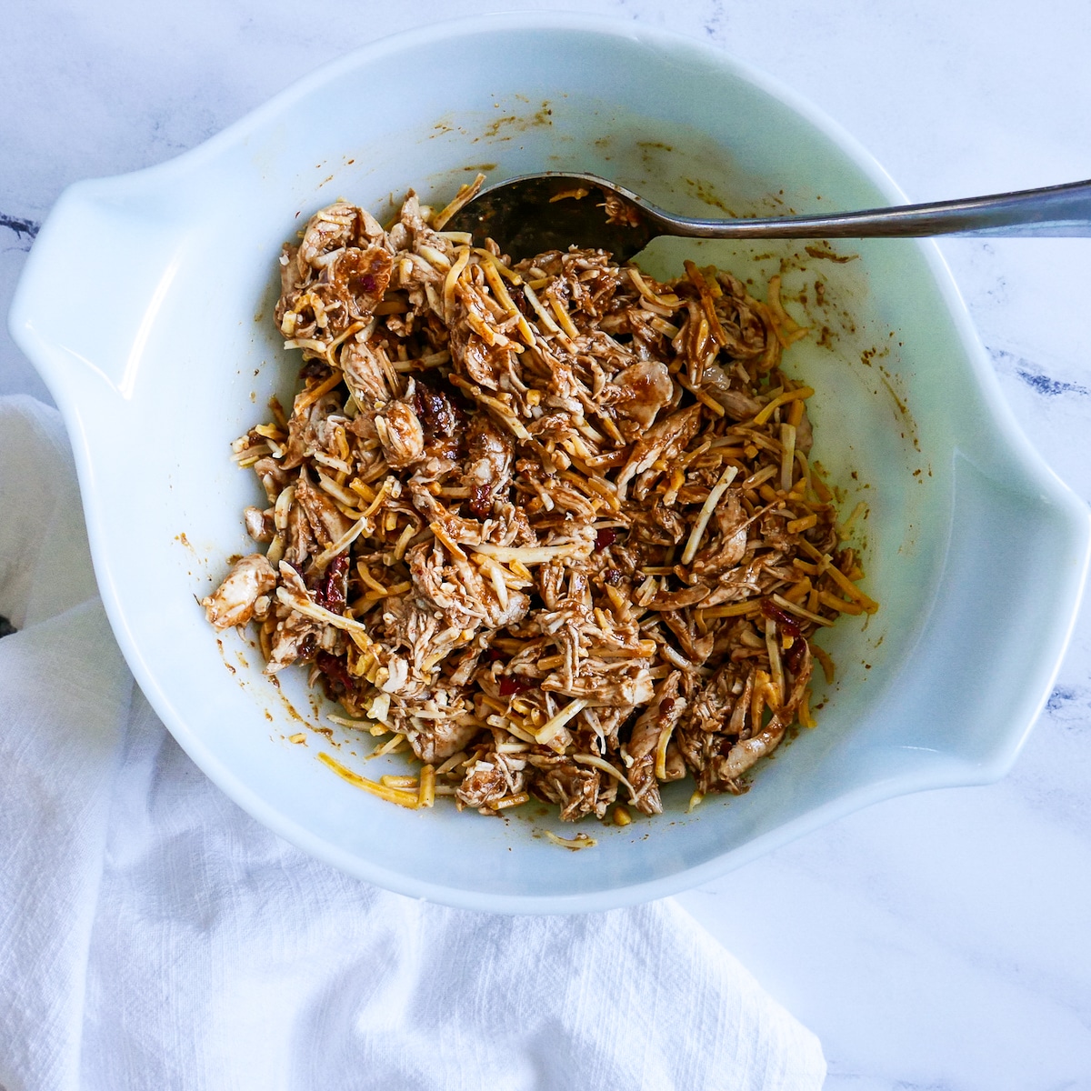 chicken chipotle filling in a mixing bowl. 