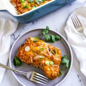 two chipotle enchiladas on a gray plate with fresh cilantro and scallions.