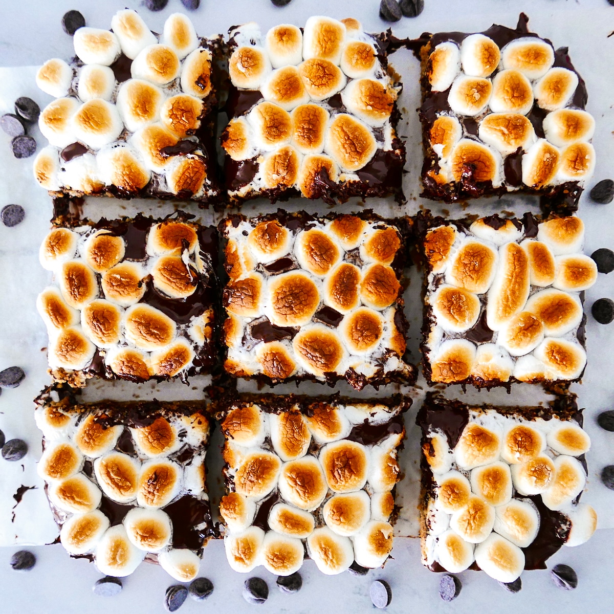 Nine s'mores bars with toasted marshmallows cut into squares.