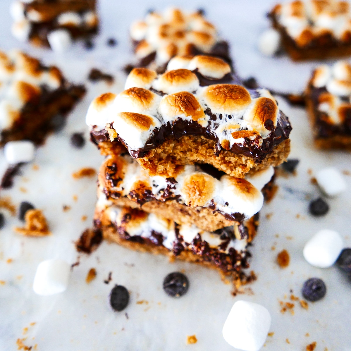 Smores bars with a bite taken out of one.