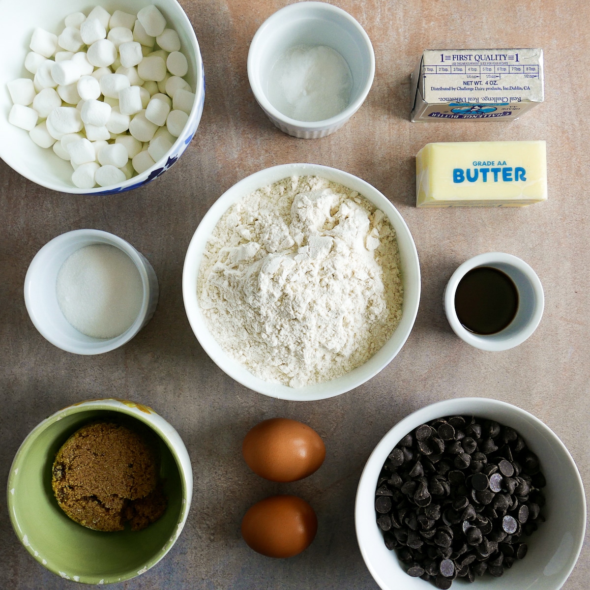 cookie ingredients arranged on a table.