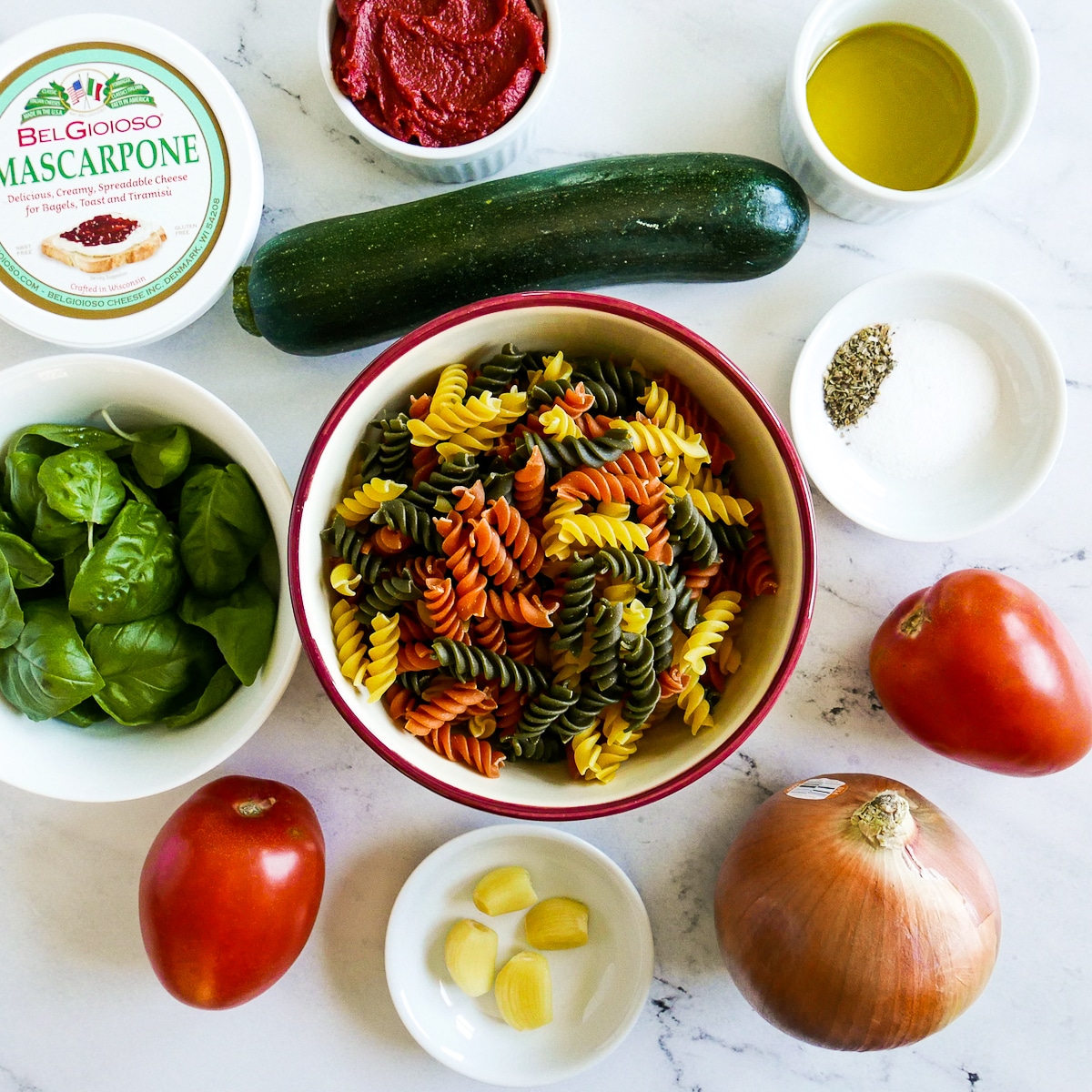 recipe ingredients arranged on a table. 