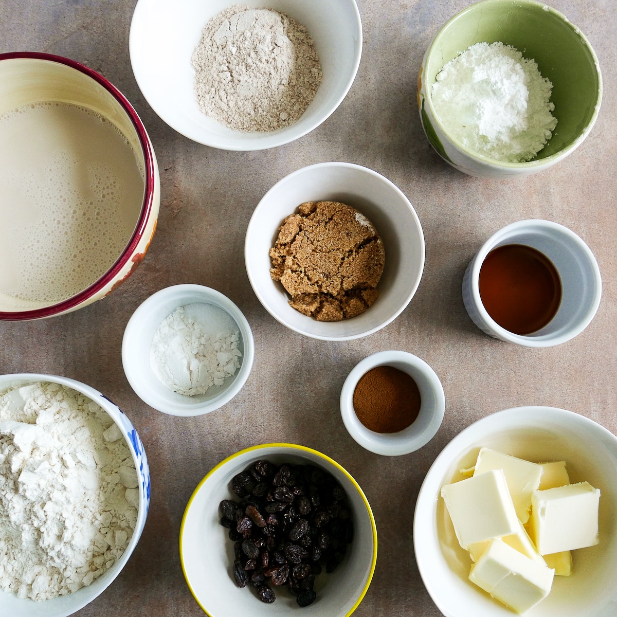 scone ingredients arranged in bowls.