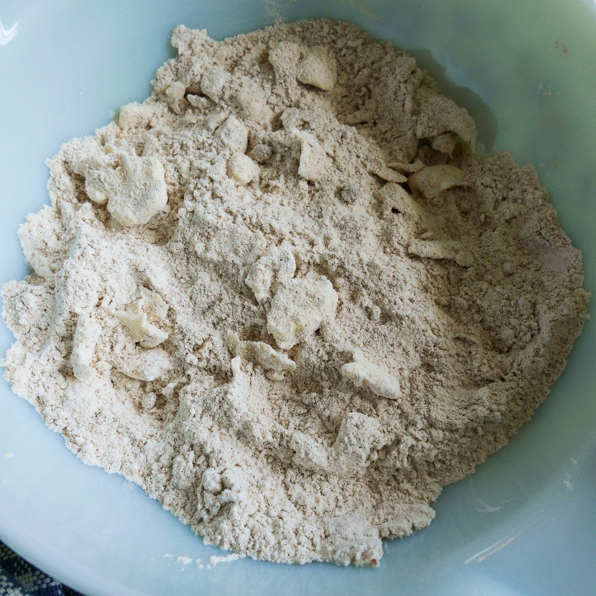 butter mixed into flour mixture in a bowl.